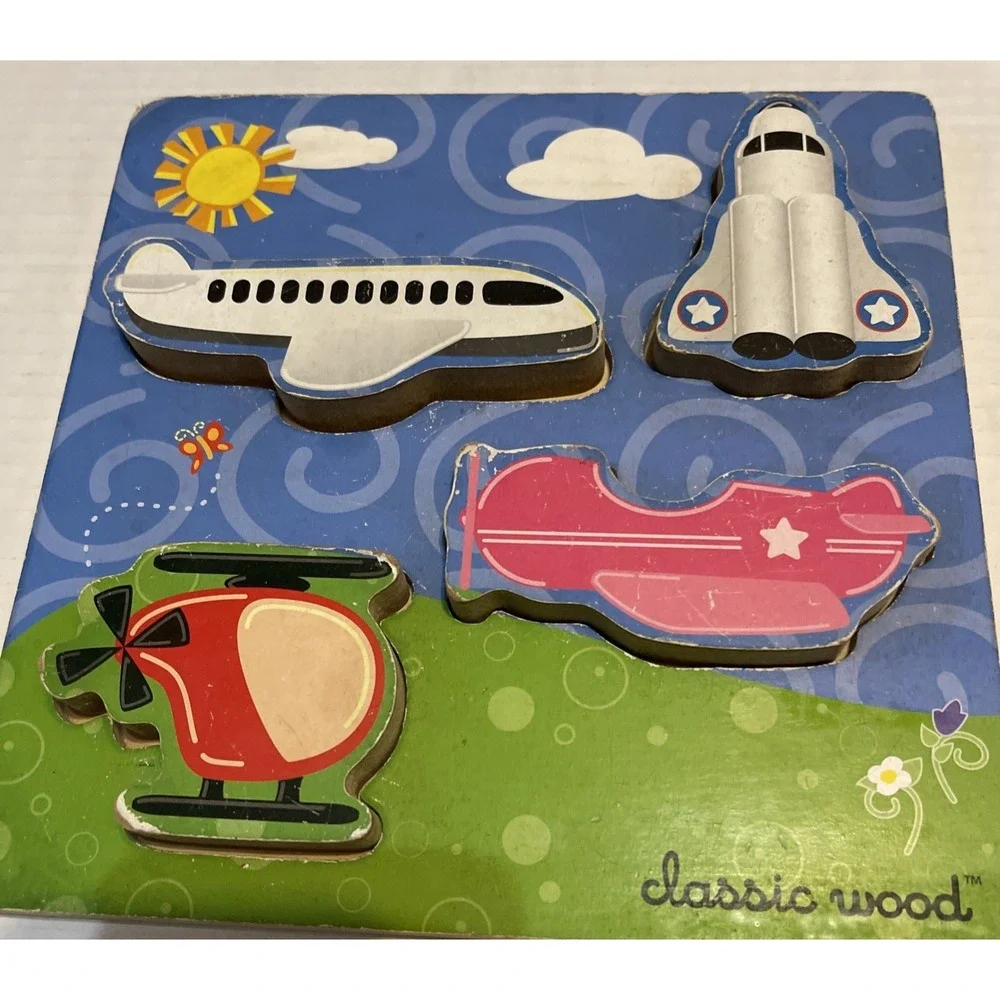 Kids 4 Piece Wooden‎ Puzzle Plain Helicopter Car Boat Chunky